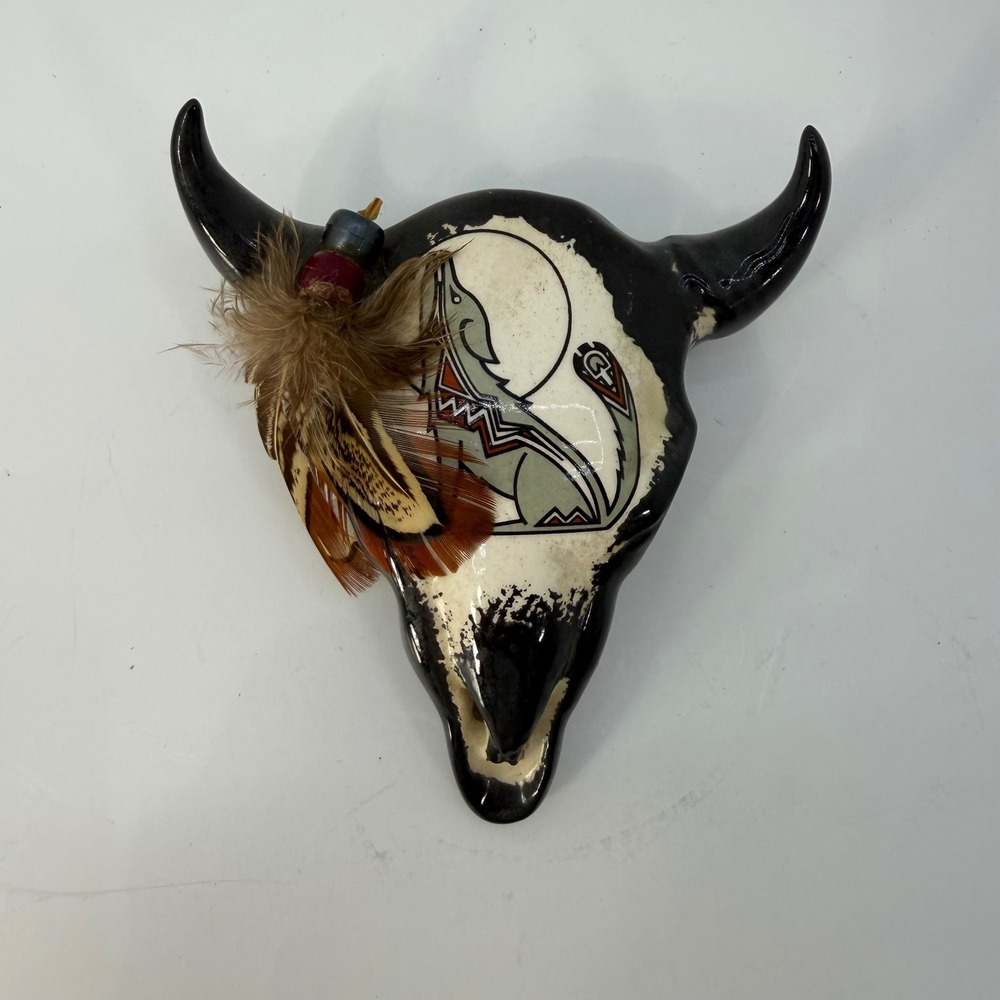 Southwest Ceramic Buffalo Skull Wall Decor Howling Wolf Feathers Signed 4.5"